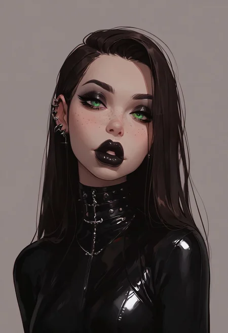 score_9, score_8_up, score_7_up, score_6_up, score_5_up, score_4_up, goth girl, gothic,  egirlmake up, choker, (beautiful face, cute face, 18 years old) Expressiveh, ASCII 1 girl, brown hair, green eyes, black latex outfit, medium breasts, upper body, photoshoot, 4k, big lips, choker, heavy make up, black lipstip, eyeliner, long hair, freckles