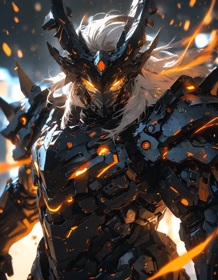 cinematic, full body, photo of a character in advanced black mechanical armor, The armor should be highly detailed with panels with lines and technological enhancements orange lights and indicators, head's down, wild messy white long hair on his face and his face is hidden behind his hair, The background is dark, realistic, depth of field, volumetric lighting, anime style, key visual, vibrant, studio anime, highly detailed, <lora:sdxl_lightning_8step_lora:1>, <lora:add-detail-xl:1>, <lora:MJ52:0.4>