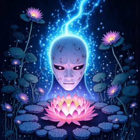 high definition digital animation depicting a cursed no-face mask radiating an eerie cyan and magenta aura blooming out of a blue lotus in a liminal bonsai garden, Studio Ghibli Dark Fairytale