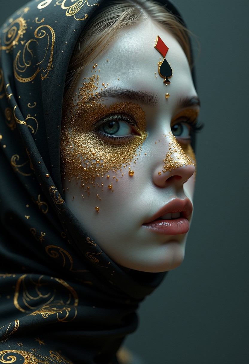 masterpiece, 8k, hdr, best quality, photography, analog style, real life, extremely beautiful, (highly detailed, intricately detailed), ray tracing, (dramatic lighting), a water drops playing card with face a girl, in the style of ingrid baars, digital art techniques, alessio albi, caras ionut, dark gray and gold, wallpaper, 8k 3d