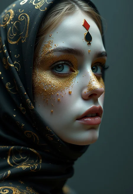 masterpiece, 8k, hdr, best quality, photography, analog style, real life, extremely beautiful, (highly detailed, intricately detailed), ray tracing, (dramatic lighting), a water drops playing card with face a girl, in the style of ingrid baars, digital art techniques, alessio albi, caras ionut, dark gray and gold, wallpaper, 8k 3d