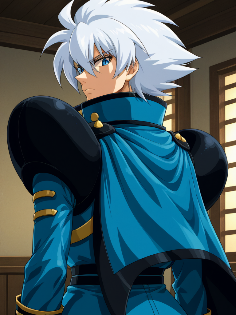 1boy, solo, keithpfone, white hair, spiked hair, blue eyes, shirt, long sleeves, popped collar, shoulder armor, cape, military uniform, indoors, from behind, looking back, serious, upper body