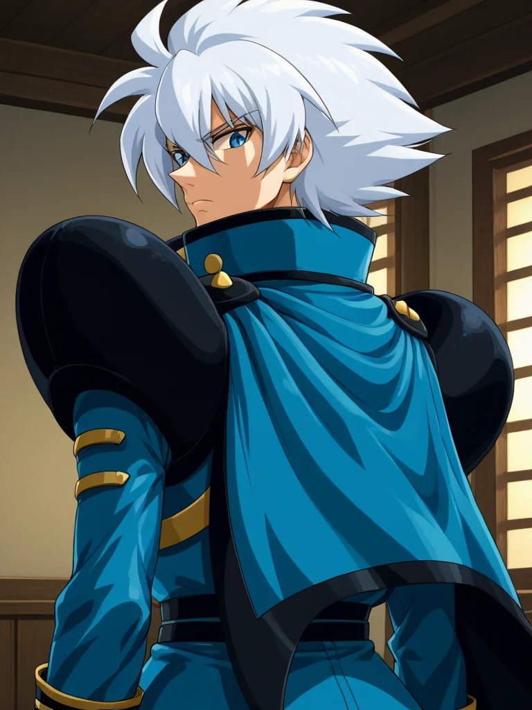 1boy, solo, keithpfone, white hair, spiked hair, blue eyes, shirt, long sleeves, popped collar, shoulder armor, cape, military uniform, indoors, from behind, looking back, serious, upper body