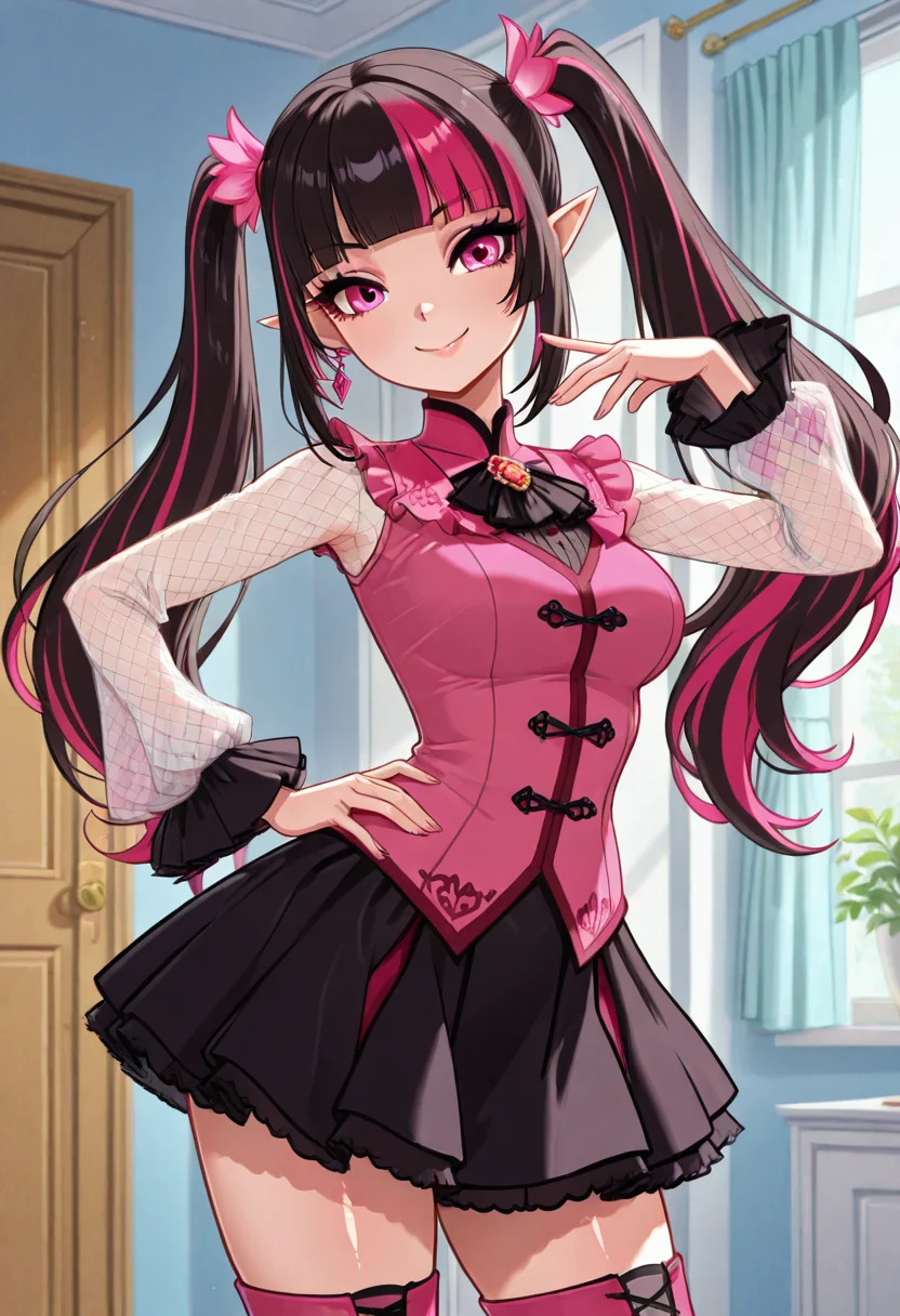 masterpiece, best quality, solo, curvy, beautiful eyes, zzValentineCitron, pink eyes, black hair, long hair, multicolored hair, pink hair, pointy ears, shiny hair, streaked hair, two-tone hair, twintails, black skirt, pink shirt, thighhighs, , <lora:ValentineScarletCitronIXL_v2:1.0>, dynamic pose, cowboy shot, smile, looking at viewer, shiny skin,