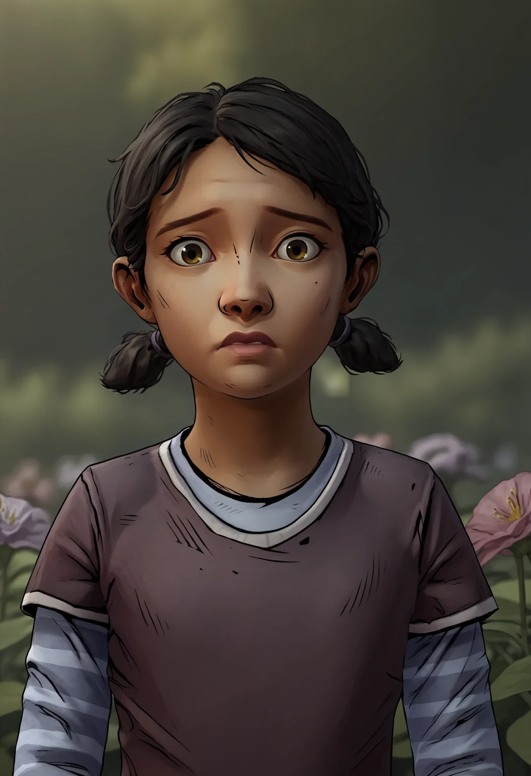 score_9, score_8_up, score_7_up, score_6_up, score_5_up, score_4_up, 1girl, <lora:ClementineS2:0.85> black hair, short twintails, brown eyes, dark skin, dark-skinned female, shirt, layered sleeves, short over long sleeves, long sleeves, pants, upper body, lips, eyes half closed, shock, scared, constricted pupils, looking at viewer,
(garden background), flowers, blurry background,