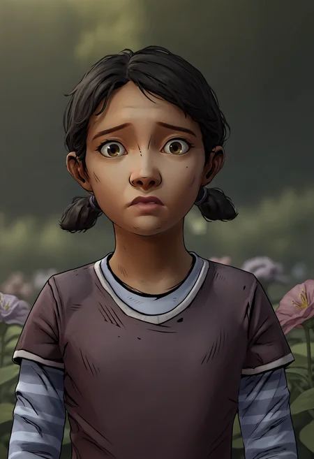 score_9, score_8_up, score_7_up, score_6_up, score_5_up, score_4_up, 1girl, <lora:ClementineS2:0.85> black hair, short twintails, brown eyes, dark skin, dark-skinned female, shirt, layered sleeves, short over long sleeves, long sleeves, pants, upper body, lips, eyes half closed, shock, scared, constricted pupils, looking at viewer,
(garden background), flowers, blurry background,
