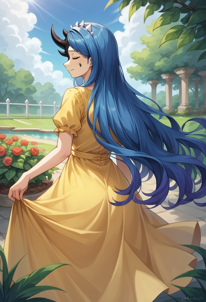 score_9, score_8_up, source_anime, 1girl, solo, KoDLoboCorp, two-tone face, black skin, white skin, asymmetrical horns, closed eyes, teardrop facial mark, long hair, starry hair, tilted crown, from behind, yellow sundress, garden, day, sunshine, smile, looking back, <lora:ChamKnightOfDespairPonyXL:1>