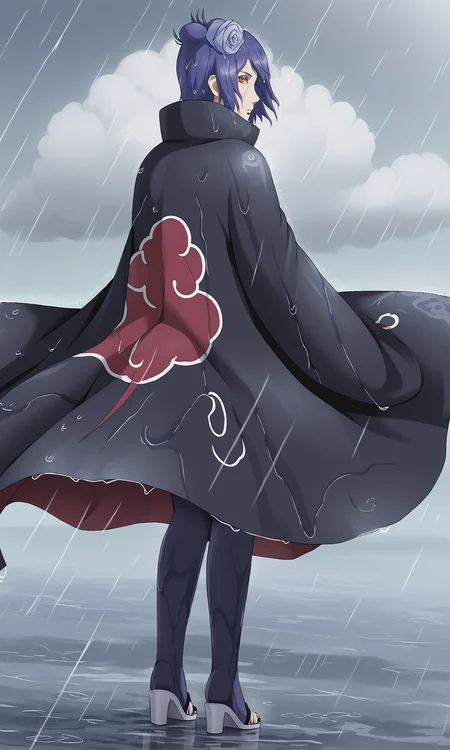 from behind,looking back,
k0nan, 1girl, solo,orange eyes, purple eyeshadow, lip piercing,
single hair bun, short hair, hair flower,cloak,
long sleeves, high collar, cloud print, black pantyhose, sandals,
rain, wind, clouds, wet,
<lora:Naruto_Konan_PXL-000012:1>