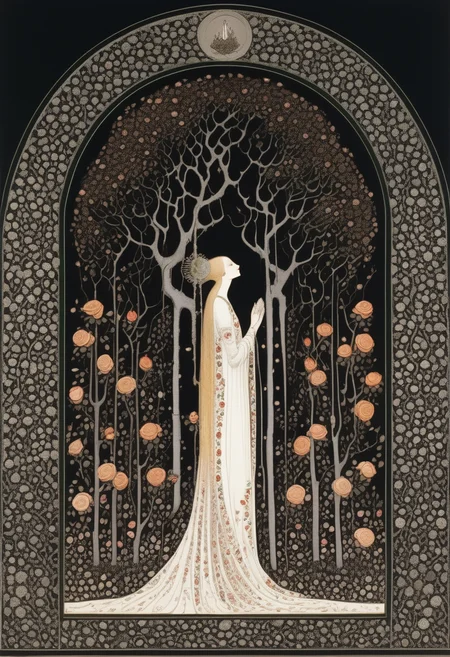 Thin elegant woman in long white dress, praying at holy tree, roses, floral border, color, illustration, Kay Nielsen, <lora:Kay_Nielsen_Style:0.75>