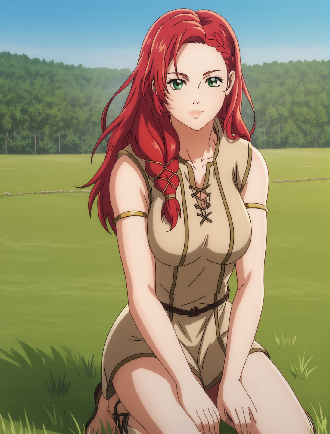 best quality, highres, HeraLOTR, solo, red hair, long hair, braid, green eyes, nordic tunic, breasts, waist, dynamic shot, dynamic pose, looking at viewer, outdoors, kneeling on ground, smiling, hands on knees, day, on grass, five fingers, <lora:HeraLOTR:0.9>