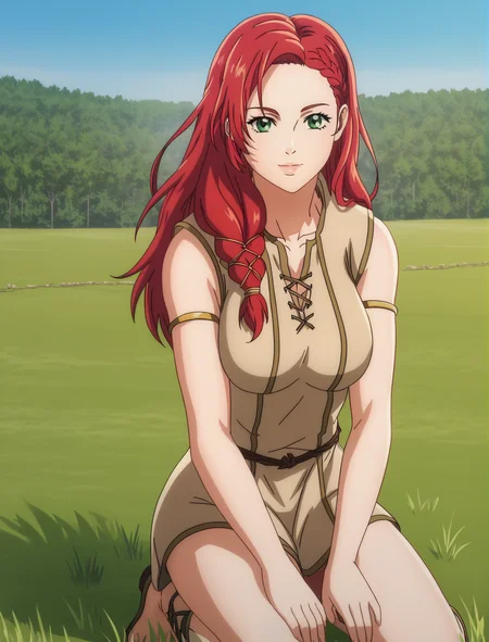 best quality, highres, HeraLOTR, solo, red hair, long hair, braid, green eyes, nordic tunic, breasts, waist, dynamic shot, dynamic pose, looking at viewer, outdoors, kneeling on ground, smiling, hands on knees, day, on grass, five fingers, <lora:HeraLOTR:0.9>
