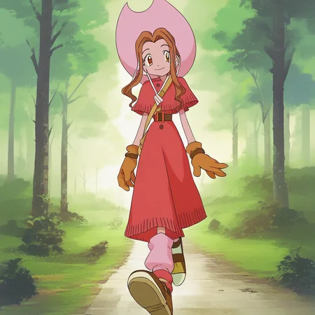 score_9, score_8_up, score_7_up, source_anime, perfect lighting, very aesthetic, intricate details, highly detailed background, high quality, perfect hands, female child, 1girl, solo, mimi tachikawa, digimon adventure, wavy hair, light brown hair, brown eyes, pink hat, western-style red dress with a buttoned poncho, brown gloves, pink socks, shoes, walking, looking at viewer, smile, forest, outdoors, tree, grass