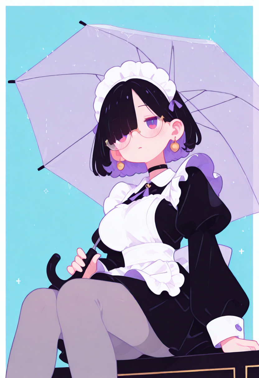 masterpiece, best quality, good quality, very aesthetic, absurdres, newest, 8K, viewed from below, legs focus, legs awe, BREAK 
side portrait of stunning girl sitting, bangs, black hair, bobcut hair, purple eyes, choker, hair over one eye, (rimless big round glasses), large breasts, earrings, ear pierces, ultra detailed decorative victorian gossamer clothes, very short tight black maid dress, maid apron, multi colored hair, grey tights, black pumps, simple pastel aqua background with thick white border, holding transparent umbrella, directional lighting, BREAK half closed eyes, blushing, unfocused eyes, slightly parted lips, distant gaze, emotionless look,face visible through umbrella,
ultra-realistic, Flatline, Flat vector illustration, haiz_ai, no lineart, no outline,
heavy-rain, rain,
pplegss,
<lora:haiz_ai_illu:0.8> <lora:flatline:1.65> <lora:ponyv6_noobE11_2_adamW:0.25>  <lora:Slider-LimbWidth:1.5> <lora:Slider-LegLength:-1.5> <lora:v0.04_Concept_pony:0.2>
