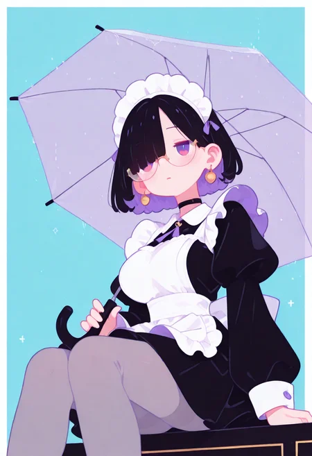 masterpiece, best quality, good quality, very aesthetic, absurdres, newest, 8K, viewed from below, legs focus, legs awe, BREAK
side portrait of stunning girl sitting, bangs, black hair, bobcut hair, purple eyes, choker, hair over one eye, (rimless big round glasses), large breasts, earrings, ear pierces, ultra detailed decorative victorian gossamer clothes, very short tight black maid dress, maid apron, multi colored hair, grey tights, black pumps, simple pastel aqua background with thick white border, holding transparent umbrella, directional lighting, BREAK half closed eyes, blushing, unfocused eyes, slightly parted lips, distant gaze, emotionless look,face visible through umbrella,
ultra-realistic, Flatline, Flat vector illustration, haiz_ai, no lineart, no outline,
heavy-rain, rain,
pplegss,
<lora:haiz_ai_illu:0.8> <lora:flatline:1.65> <lora:ponyv6_noobE11_2_adamW:0.25> <lora:Slider-LimbWidth:1.5> <lora:Slider-LegLength:-1.5> <lora:v0.04_Concept_pony:0.2>