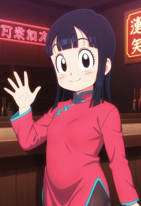 1girl, chi-chi \(dragon ball\), black hair, long hair, black eyes, red china dress, long sleeves, black pantyhose, 
little smile, closed mouth, looking at viewer, (sideways glance:0.8) , standing, cowboy shot, hand up, waving, general,
indoors, bar, dark background, dark, neon lights,
masterpiece, best quality, ultra-detailed, very aesthetic, illustration, perfect composition, intricate details, absurdres, official art, official style, source_anime, anime screencap, anime coloring, newest, intricate, hires textures, high detail, 4k, incredibly detailed, perfect anatomy, UHD, 8K,
| <lora:DB-chichi(yawaniku)_XL(ill01)v10d:1>