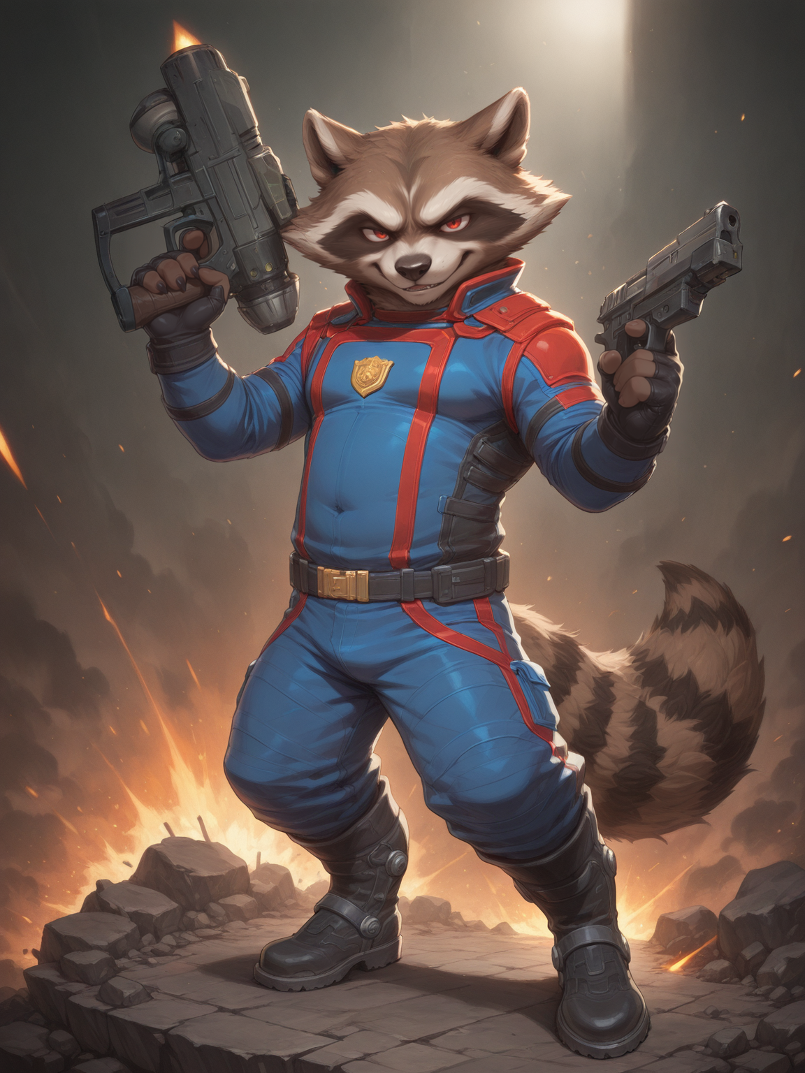 <lora:RocketRaccoon-GOTG-illustriousXL-000014:0.8>,rocket raccoon,furry,1boy,solo,bara,plump,red eyes,combat uniform,gloves,belt,pants,boots,claws,fighting,holding gun,looking_at_viewer,(cover),full body,digital painting,artwork,anime style,masterpiece,best quality,amazing quality,