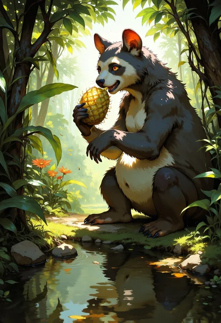 a secluded tropical grove, reflection, one beautiful shadowed sloth bear with long gray fur is eating a pineapple, baloo, bear paws, fluffy furry bear ears, feral, lush vegetation, botanical garden, foliage, glowing, soft pastel colors, best quality, double exposure, realistic, whimsical, fantastic, splash art, intricate detailed, hyperdetailed, maximalist style, photorealistic, concept art, sharp focus, harmony, serenity, tranquility, mysterious glow, soft colors, ambient occlusion, halation, cozy ambient lighting, dynamic lighting, masterpiece, award winning, DB4RZ, DB4RZ style painting, digital illustration, anime, illustrious_style