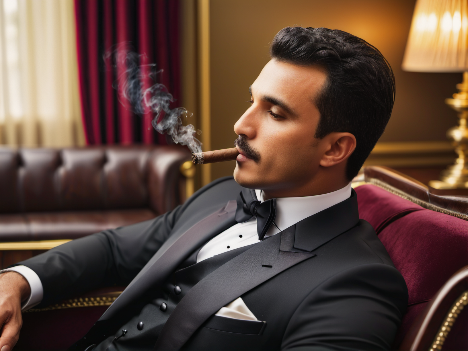 cinematic photo cinematic film still Handsome muscular latino man sitting on a black velvet chaise lounge chair wearing an elegant tuxedo.  <lora:LUIZ (XL):.65>  .Hair has gel , and is neatly combed. Elegant professional facial expression. Black matte walls. Black velvet chaise lounge chair has gold trim. Gold curtains are partially opened. Dark cherry wood bookshelf. Sepia colored globe on its own stand. Cherry wood wall trim. Thick black hair. Dark brown eyes. Olive skin. ((Subtle)) mustache, cleanly trimmed. Subtle soul patch and goatee, neatly trimmed.   <lora:Cinematic Cinematic Anamorphic film style v3:.4> Cinematic Anamorphic film style, Cinematic style  <lora:polyhedron_golden_hour_000006:.35> golden hour, sunset, sunrise . shallow depth of field, vignette, highly detailed, high budget, bokeh, cinemascope, moody, epic, gorgeous, film grain, grainy, detailed skin texture, (blush:0.5), (goosebumps:0.5), subsurface scattering . 35mm photograph, film, bokeh, professional, 4k, highly detailed, (smoking cigar:1.5), cigar smoke, smoke coming from cigar, (cigar smoke:1.5), man is smoking the cigar, (cigar in mouth). (smoke).