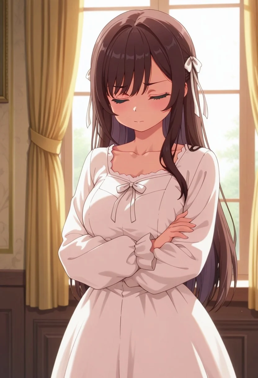 masterpiece,best quality,amazing quality, clover alina, dark brown hair, long hair, 1girl, solo, closed eyes, curtains, ribbon, dress, hair ribbon, window, white ribbon, long sleeves, crossed arms, collarbone, indoors