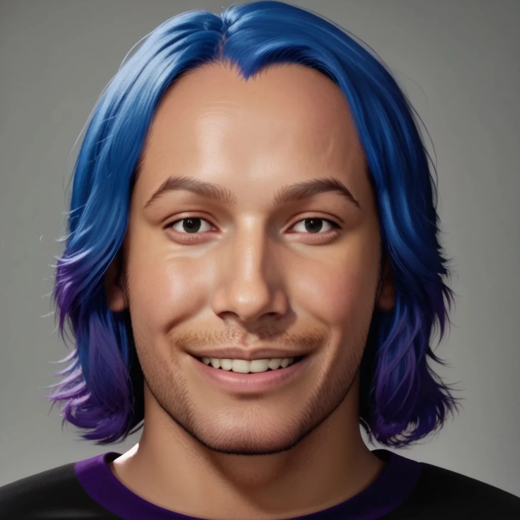 criss metaxvoor, 1boy, solo, male focus, realistic, blue hair, facial hair, grey background, shirt, black eyes, simple background, upper body, smile, stubble, looking at viewer, BREAK DynaPortrait_PDXL, BREAK zPDXL