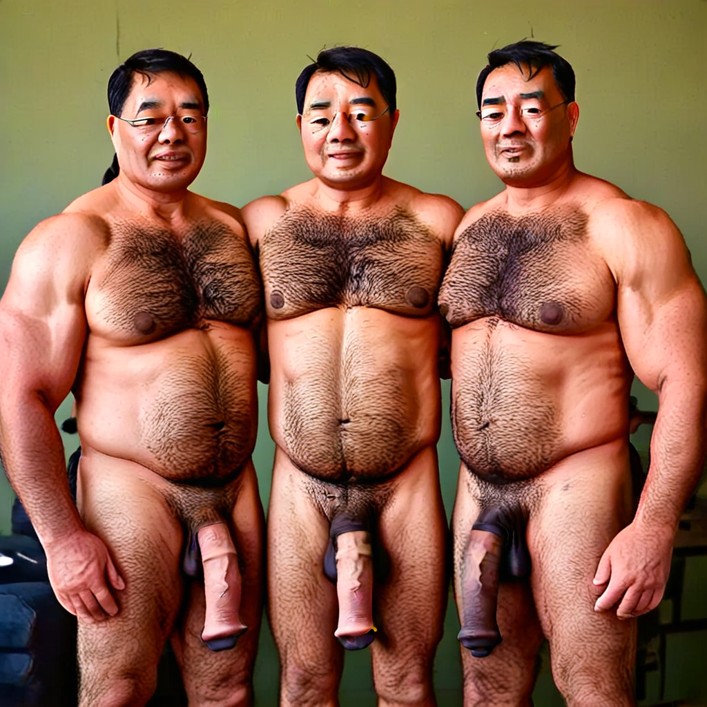handsome mature, hairy grandfather, hairy arms, broad shoulders, beefy bodybuilder with thick hairy pectorals, group of construction workers, their thick horsecock equinecock fully erect