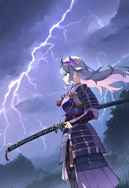 score_9, score_8_up, score_7_up, hadrian, source_anime, 1girl, thunderstorm, rain, lightning, <lora:ChamKosekiBijouPonyXL:0.8> KosekiBijou, long hair, hair flaps, floating headpiece, <lora:samurai_armor_pony:1.1> samurai, purple clothes, holding katana, serious