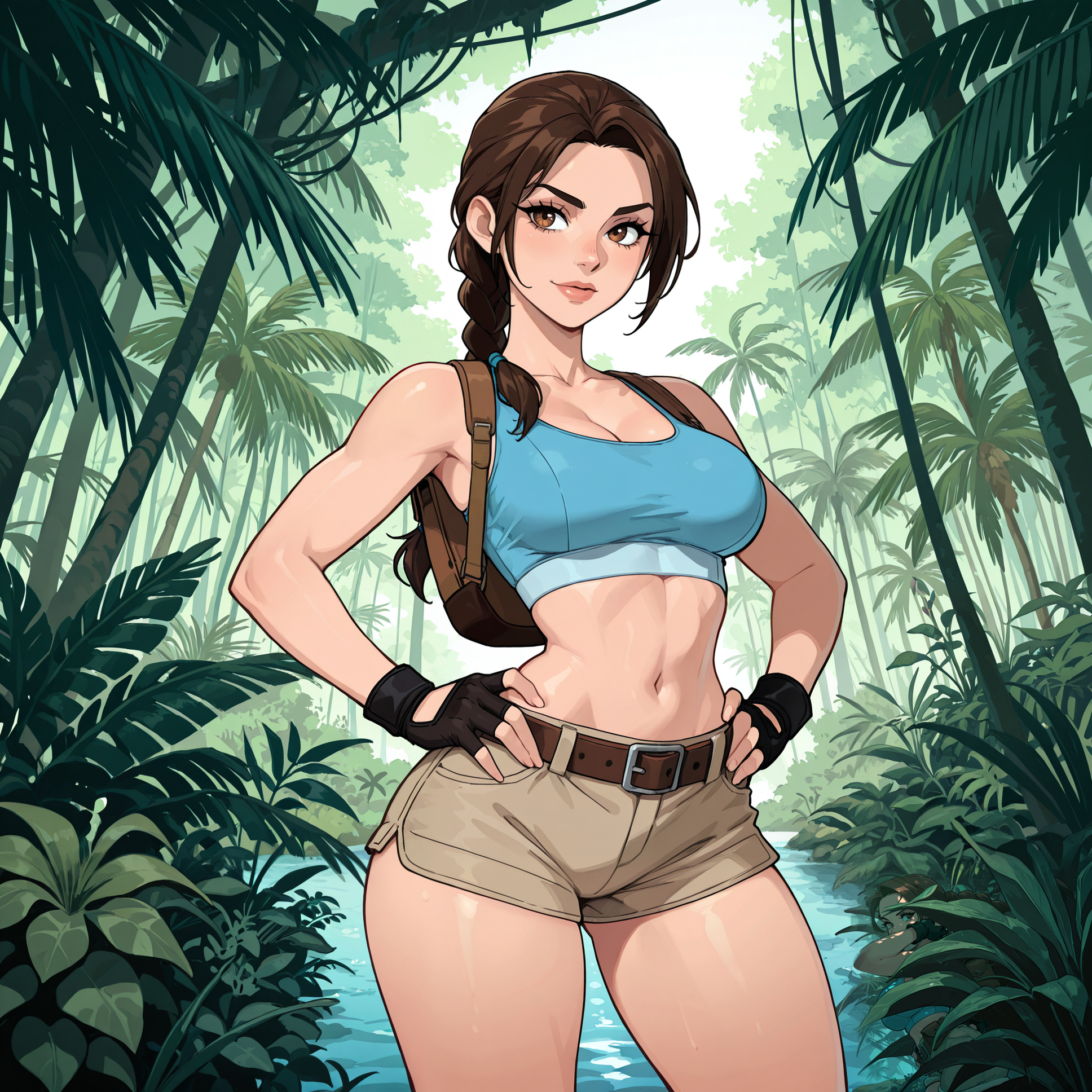 2d, very awa,

masterpiece, best quality, highres,

hands on hips,

BREAK

1girl, 18yo, lara croft, caucasian girl, brown hair, braided ponytail, ((long parted bangs)), brown eyes, long eyelashes, 

fit body, medium breasts, almond shaped eyes, long eyelashes, small narrow waist, wide hips, skindentation, 

BREAK 

light blue sports bra, beige cargo shorts, short shorts, brown leather belt, black fingerless gloves, mini brown leather backpack, 

BREAK 

detailed background, detailed scenery, outdoors, tropical jungle,