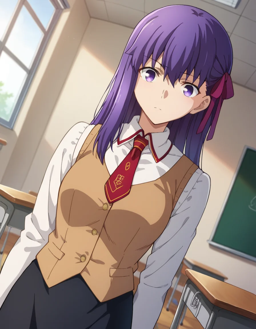 score_9, score_8_up, score_7_up, source_anime,
sakuramatou, <lora:sakura-matou-hf-ponyxl-lora-nochekaiser:1>,
sakura matou, long hair, purple eyes, purple hair, ribbon, hair ribbon, red ribbon,
shirt, white shirt, collared shirt, long sleeves, neckertie, red neckertie, vest, light brown vest, skirt, black skirt,
indoors, classroom,
looking at viewer, dutch angle, cowboy shot,