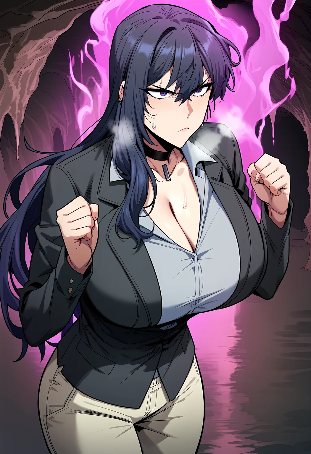 score_9, score_8_up, score_7_up, score_6_up, source_anime, rating_explicit, <lora:neg4all_bdsqlsz_V3.5:2.0>1girl, (solo:1.2), huge breasts, <lora:Jin Chaewonponyxl:1> hair between eyes, purple eyes, long hair, black hair, black jacket, black choker, grey shirt, collared shirt, cleavage, brown pants, serious, Narrow shoulders, sweat, heavy breathing, steaming body, cave, outdoor, aura, power fist