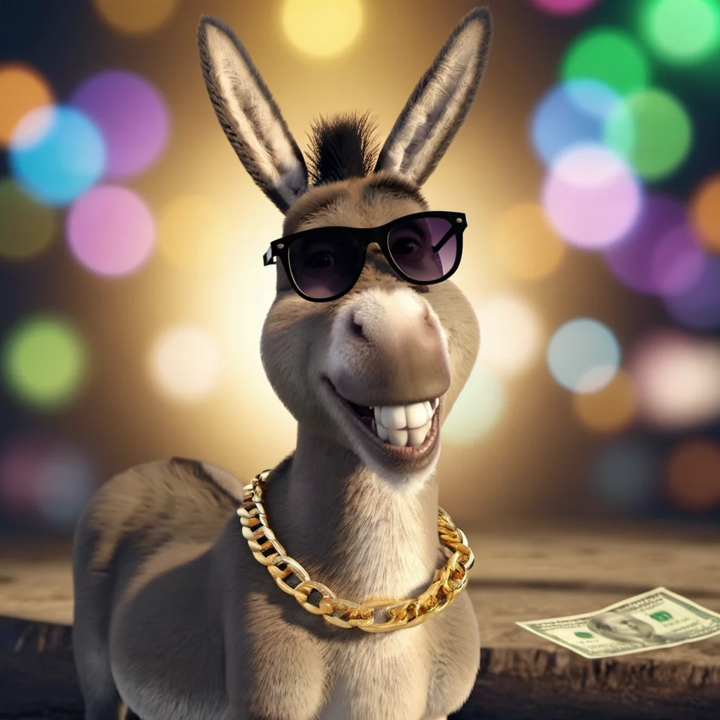 cinematic photo a donkey with sunglasses and a big chain with a ((dollar sign)) <lora:Donkey1024:0.8> . 35mm photograph, film, bokeh, professional, 4k, highly detailed