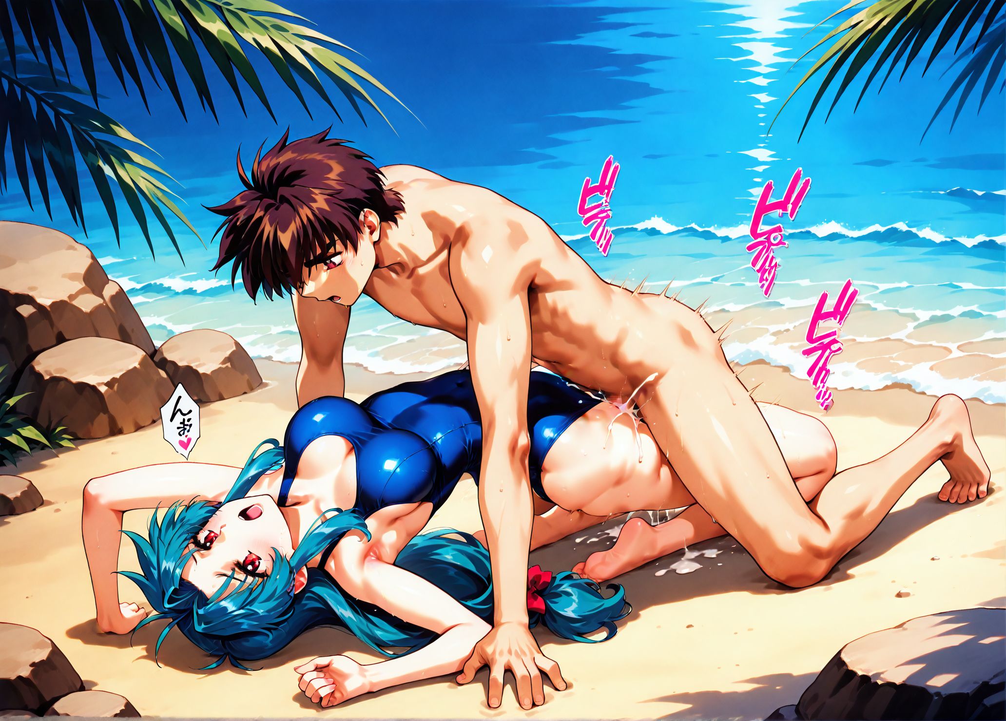 <lora:add-detail-xl:0.5>,masterpiece,best quality,anime coloring,anime screenshot,
<lora:Straight-Arm_Missionary:0.7> Straight-Arm_Missionary,
Straight-Arm Missionary, from front,knees bent, feet tucked under hips,
missionary position, full body contact, cum, soldes,penis,from above, 
hands on ground, arms straight, deep penetration, intimate pose,
moaning, cum in pussy, sound effects, bottomless, 
arched back, kneeling with bent knees,
clothed female nude male, 
BREAK   
full metal panic! invisible victory, official art, 
Kaname Chidori,Sousuke Sagara,long hair,swimsuit,armpits,one-piece swimsuit,blue hair, 1990s (style),red eyes,retro artstyle,aqua hair,brown hair ,water,tree,rock, <lora:Shiki Doji_illustriousXL:0.8>,
bald,
BREAK
20YO,milf,adult,