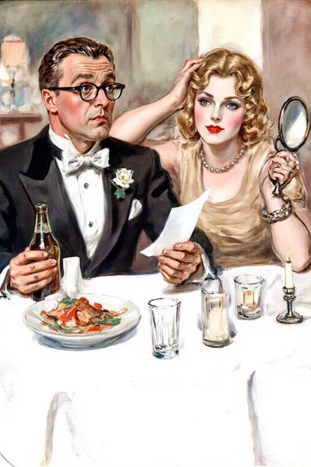 jamesmontgomeryflagg1 illustration.
kard1. A man and a woman seated at a table covered with a white tablecloth. kard1 illustration, close up portrait of a couple at a restaurant. The man, on the left, is dressed in a classic black tuxedo with a white bow tie and a white boutonniere on his lapel. He is wearing glasses and holding a piece of paper, looking surprised or confused. His hair is neatly styled. In front of him, there are various items on the table, including a bottle of beer, a plate with food, a glass, and a candle. The blond woman is touching her hair with one hand while holding a handheld mirror. <lora:jamesmontgomeryflagg1_cap_d8a4e12:1.0><lora:859132029072051440:0>
