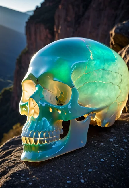 Fujifilm XT3, Sony A7 IV, (award winning photography) a translucent skull made of opal set on a stone ledge in the early morning light, glistening. in the background beautiful valleys, divine iridescent glowing, opalescent textures, volumetric light, ethereal, sparkling, studio photo, highly detailed, sharp focus (highest quality: 1.39) (highest coherency: 1.39) (award winning photography), highly detailed photography, (muted colors, cinematic, dim colors, soothing tones:1.2), vibrant, insanely detailed, hyperdetailed, (dark shot:1.2), (vsco:0.3), (intricate details:0.9), (hdr, hyperdetailed:1.2) (vignette), sss