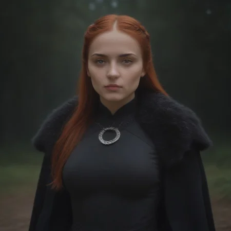masterpiece, best quality, SansaStark, 1girl, solo, long hair, red hair, (blue eyes), beauty, grey dress, fur trim, cape, upper body, <lora:SansaStark_illustrious_Leaf2:1>, forest, outdoors, round breasts, breasts together, medium breasts,