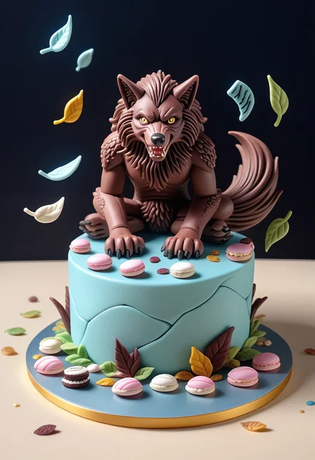 This lavish tiered cake mirrors the werewolf’s untamed elegance with velvet cake layers draped in flecked ganache, resembling wind-swept fur. dipped gold leaf accents mimic lightning cracks, while edible ink splatters create a "tattered book" effect. Claw-mark fondant cutouts gilded in edible gold frame each tier, and sugar-glass shards evoke a shattered monocle’s glint. The top tier features a miniature teacup spill of glossy glaze, surrounded by moonlight macarons and sugar-dusted leaves. A marzipan werewolf figurine grins mid-howl, perched beside a fondant book, child birthday party background, detailed background