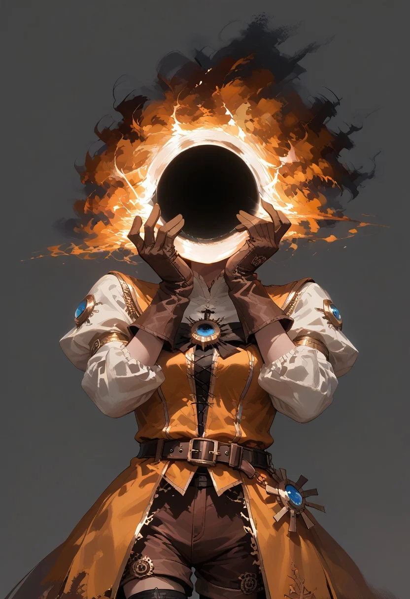 score_9, score_8_up, score_7_up,
lord_of_frenzy, fire head,
faceless, no eyes, no mouth, no nose, no facial features,
magical girl outfit, steampunk dress, boots, (brown shorts:1.1), black tights, medium breasts, belt, brown gloves,
black hole, event horizon, gravitational lensing,
simple background, grey background,
hands on own face, hands on own cheeks, yandere trance