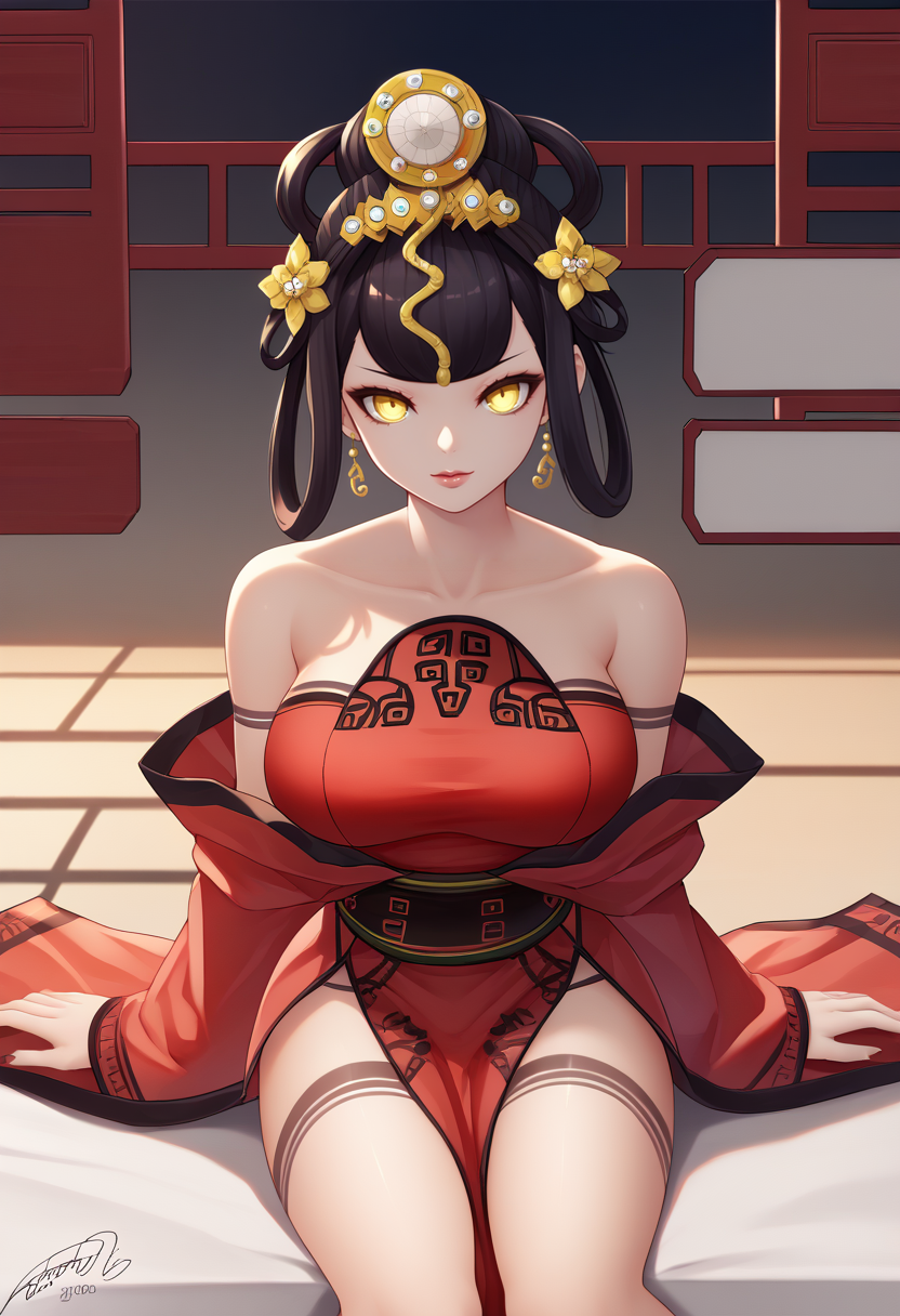 score_7_up BREAK 1girl, solo, <lora:jotti-artist-richy-v1_pdxl:1> <lora:zs_NuwaXL:1>nuwasmt, black hair, hair ornament, yellow eyes, red dress, bare shoulders, jewelry, chinese clothes, large  breasts, sitting,looking at viewer,
