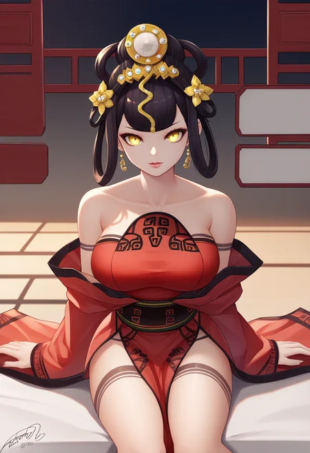 score_7_up BREAK 1girl, solo, <lora:jotti-artist-richy-v1_pdxl:1> <lora:zs_NuwaXL:1>nuwasmt, black hair, hair ornament, yellow eyes, red dress, bare shoulders, jewelry, chinese clothes, large breasts, sitting,looking at viewer,