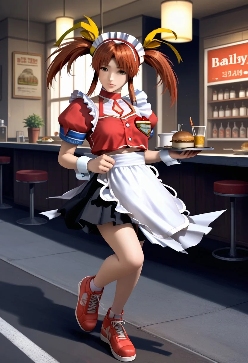 score_9,score_8_up,score_7_up,source_anime, HUZIKAWA MAYU,1girl,solo,skirt,brown hair,dress,ribbon,twintails,full body,hair ribbon,short sleeves,red hair,shoes,apron,wrist cuffs,maid,maid headdress,red footwear,waist apron,yellow ribbon,running,road,waitress,