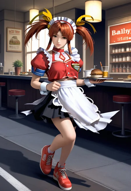 score_9,score_8_up,score_7_up,source_anime, HUZIKAWA MAYU,1girl,solo,skirt,brown hair,dress,ribbon,twintails,full body,hair ribbon,short sleeves,red hair,shoes,apron,wrist cuffs,maid,maid headdress,red footwear,waist apron,yellow ribbon,running,road,waitress,