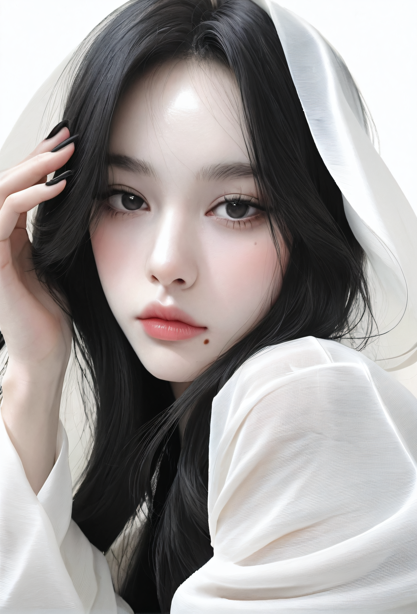 Realistic,portrait, body focus, detailed, 1 cute korean girl, korean makeup, korean eyes, long hair, slender body, looking at viewer, mole, black hair, dark pubic hair, pale skin, black nail polish, wrapped in white sheet, white background, soft light closed mouth, lips, parted bangs, realistic <lora:KRGRL-IL:0.8>