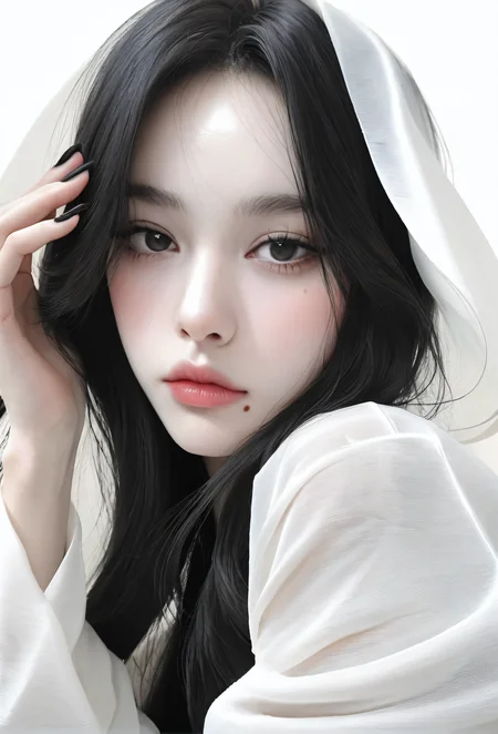 Realistic,portrait, body focus, detailed, 1 cute korean girl, korean makeup, korean eyes, long hair, slender body, looking at viewer, mole, black hair, dark pubic hair, pale skin, black nail polish, wrapped in white sheet, white background, soft light closed mouth, lips, parted bangs, realistic <lora:KRGRL-IL:0.8>