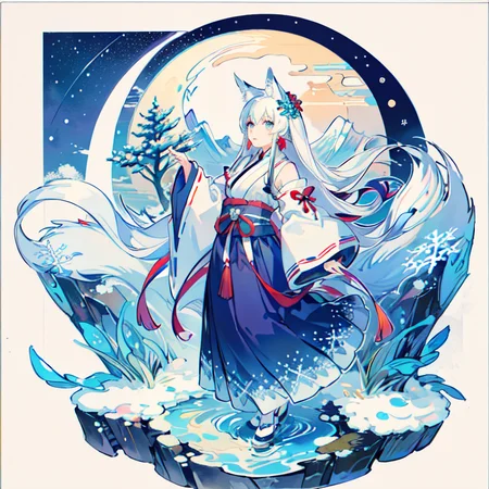 1girl, (\(white fox ears\):1.1), looking_at_viewer, jewelry, ribbon, ribbon-trimmed sleeves, long hair, white, (blue_eyes), watercolor (medium), colored pencil (medium), bow, earrings, mountain, dusk, ice, ((winter)), Chinese clothes, east Asian architecture, bird, expressionless, building, [fire], (white_hair), (\(white fox tail\)), \(fox mask\), \(teal_dress\), frost, snowflakes, water, (flowers), snow, sky,  clouds, \(crescent moon\), shooting star, starry sky, tree, house, (river:0.8), (ocean:0.8),(waterfall:0.8), \(hand on own chest\), lamppost, lights,  (circular_border:1.5), (night), hitodama