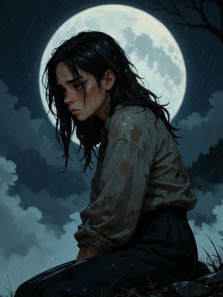 score_9, score_8_up, score_7_up,  BREAK, 3xpr3ss10n1st style, 1girl, black hair, closed mouth, lips, freckles, dirty, dirty face, from side, sad, kneeling on the ground, rain, raindrop on face, raindrop running down face, storm, night, fog, full moon, moonlight <lora:Abstract_Expressionist_Style:1>