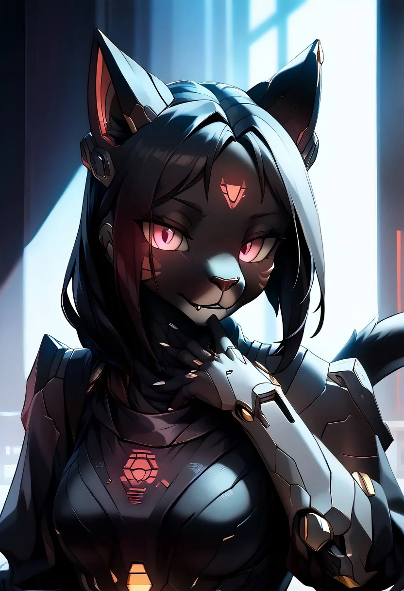 masterpiece, score_9, score_8_up, score_7_up, score_6_up, (by zinfyu), dark atmosphere, emotional depth, cinematic lighting, hyper-detailed, mcnm, source_furry, anthro, furry, 1girl, mechanical Khamira, mech black hair, feline, detailed face, detailed eyes, black fur, cyborg pink eyes, cyber cat tail, glowing animal ears, seductive smirk, hand on chin, dim dramatic lighting, dark and moody background, emotional and detailed composition, subtle glow in the eyes, hair slightly disheveled, detailed textures and fur