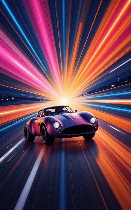 YFG-SRS, Vibrant digital painting, classic car speeding through colorful vortex, dynamic motion, bright orange, pink, blue hues, dramatic lighting, urban street, intense contrast, bold lines, surreal atmosphere, powerful energy, night scene, intricate details, with intricate textures and vibrant colors. The scene should include a rich variety of elements, each contributing to the overall atmosphere. Lighting should be soft, diffused, and natural, enhancing the depth and realism of the scene. The mood is to be calm yet vibrant, creating a sense of serenity and wonder. Every detail in the scene should be meticulously rendered, emphasizing the contrast between light and shadow, and capturing the fine textures and subtle gradients. The color palette should be carefully chosen to evoke emotion, with each hue enhancing the aesthetic appeal of the overall composition. The final image should be immersive and captivating, drawing the viewer into its intricately detailed world.
