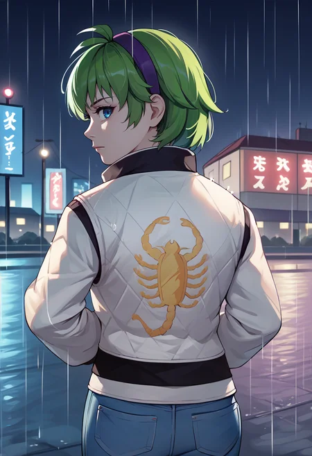 score_9, score_8_up, score_7_up, source_anime BREAK 1girl, solo, <lora:nino-fe-richy-v1_pdxl:1> ninornd, blue eyes, green hair, short hair, antenna hair, purple hairband, (print jacket, white jacket), from behind, jeans, <lora:drivejacket-outfit-richy-v1_pdxl:1> looking back, looking at viewer, outdoors, city, night, dark, darkness, rain, raining, night sky, overcast, black background
