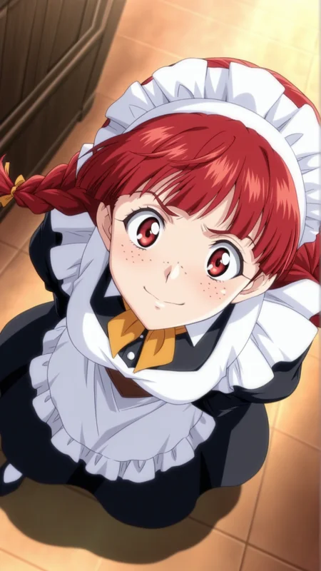 source_anime, general, best quality, masterpiece, 1girl, <lora:Rosalie_Serue_ill_v1.0:1> rosalie_serue\(srw\), red eyes , red hair, freckles, twin braids, bandana, maid, maid headdress, maid apron, dutch angle, dynamic pose,