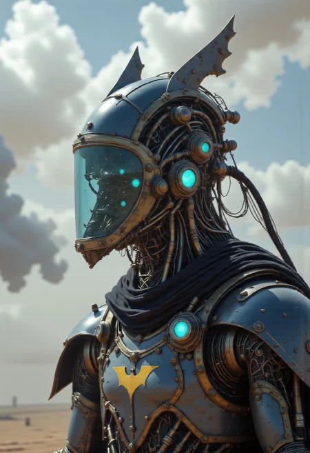 A cpstyle DARK moody hyperdetailed Fantasy closeup portrait dmpfm07 of a steam-driven steampunk Batman, his imposing cowl forged from interlocking brass plates, reinforced rivets, and a labyrinth of pressurized piping. The bat-eared helmet, a fusion of Victorian ingenuity and industrial brutality, features a translucent glass visor, fogged from within, revealing a network of oscillating mechanical gauges, pressure valves, and articulated servo mechanisms calibrating in real time. Hydraulic pistons twitch subtly beneath the armored frame, while a compact but hyper-complex combustion unit embedded at the base chugs erratically, releasing bursts of dense, inky-black vapor. His segmented pauldrons and armored chestplate are adorned with finely wrought filigree and rust-laced patina, exuding an aura of gothic grandeur. Monochromatic with neon blue luminescent highlights piercing through the industrial haze, the bat emblem on his chest flickers with arcane energy. The sunlit desert backdrop is choked with synthetic white dust clouds, billowing with a glitching, voxel-based texture. Expanding pixel distortions weave through the 3D game-art composition, rendering the environment into a fragmented, dystopian machine-scape. dfmstyle.