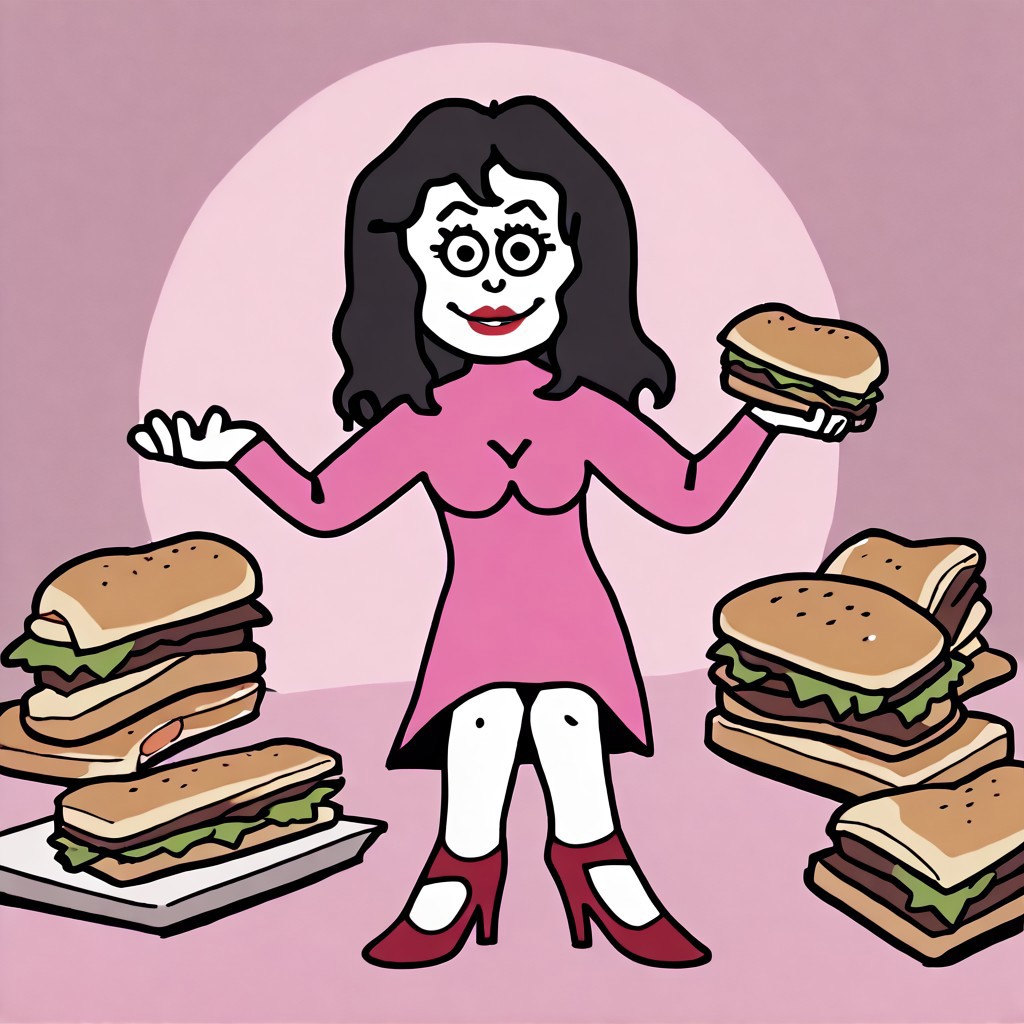 score_9, score_8_up, score_7_up BREAK ValeAyV, 1girl, wavy black hair, black eyes, pale skin, red lipstick, long-sleeved pink dress, high-heeled red shoes, surrounded by sandwiches, cartoon, source_cartoon, sandwiches everywhere, happy, smiling, joyful,